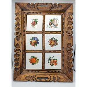 Vintage MCM Hand Carved Wood SERVING TRAY Ceramic Fruit Art Tile Trivet Mexico